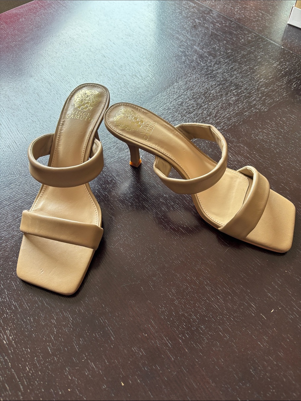 Vince Camuto Tan Double-Strap Square Toe Mid-Heels